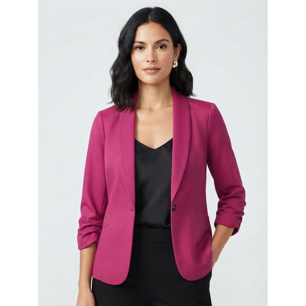 Stoosh Ruched Sleeve Blazer Jacket Open Front Professional Career Magenta Large